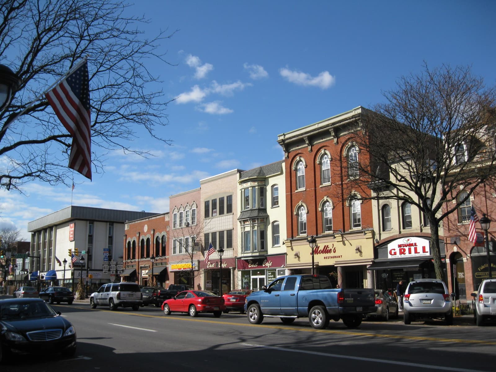 Colorful storefronts along Main Street in Stroudsburg, Pennsylvania